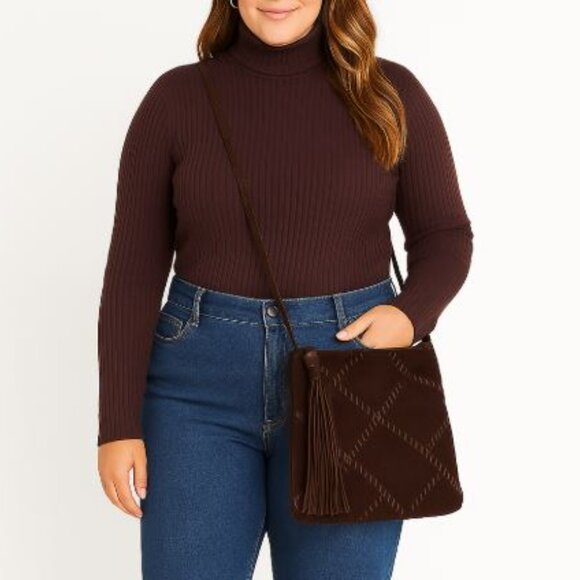 VTG Sharif Espresso Brown Crossbody Bag Suede Leather Woven Front Tassel Zipper - Picture 1 of 8